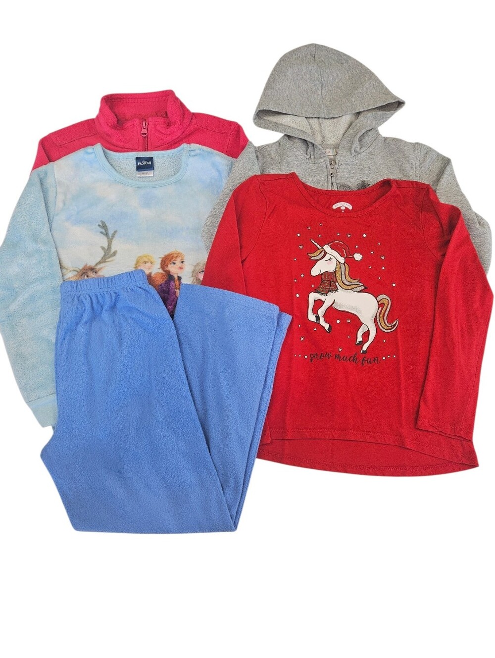 Girls' Unicorn Red Long Sleeve Top with Blue Fleece Pants & Assorted Pullovers
